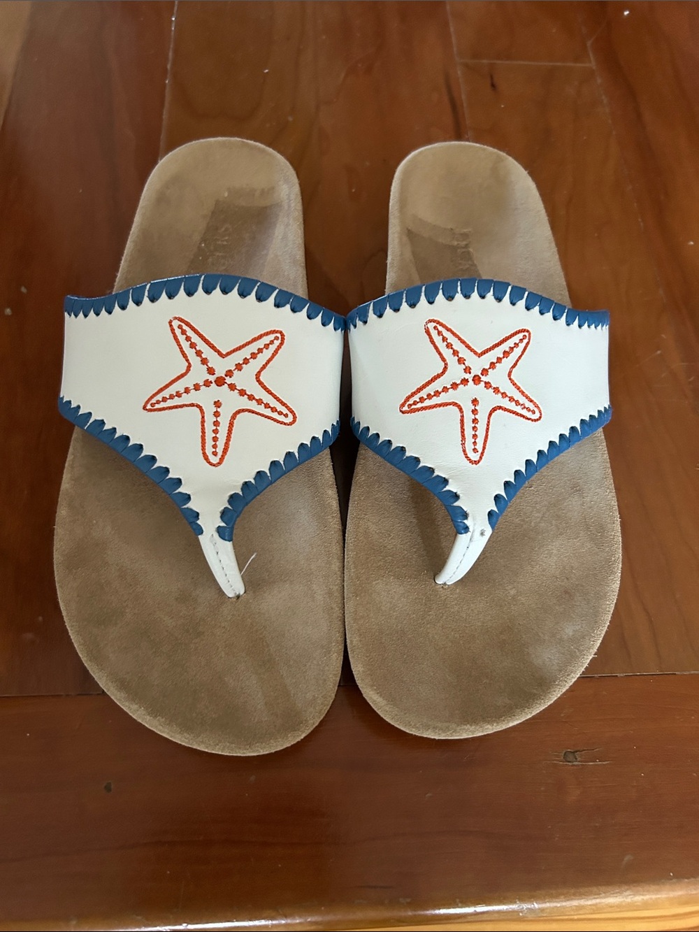 Jack Rogers White Thong Sandals with Blue Trim and Orange Starfish
